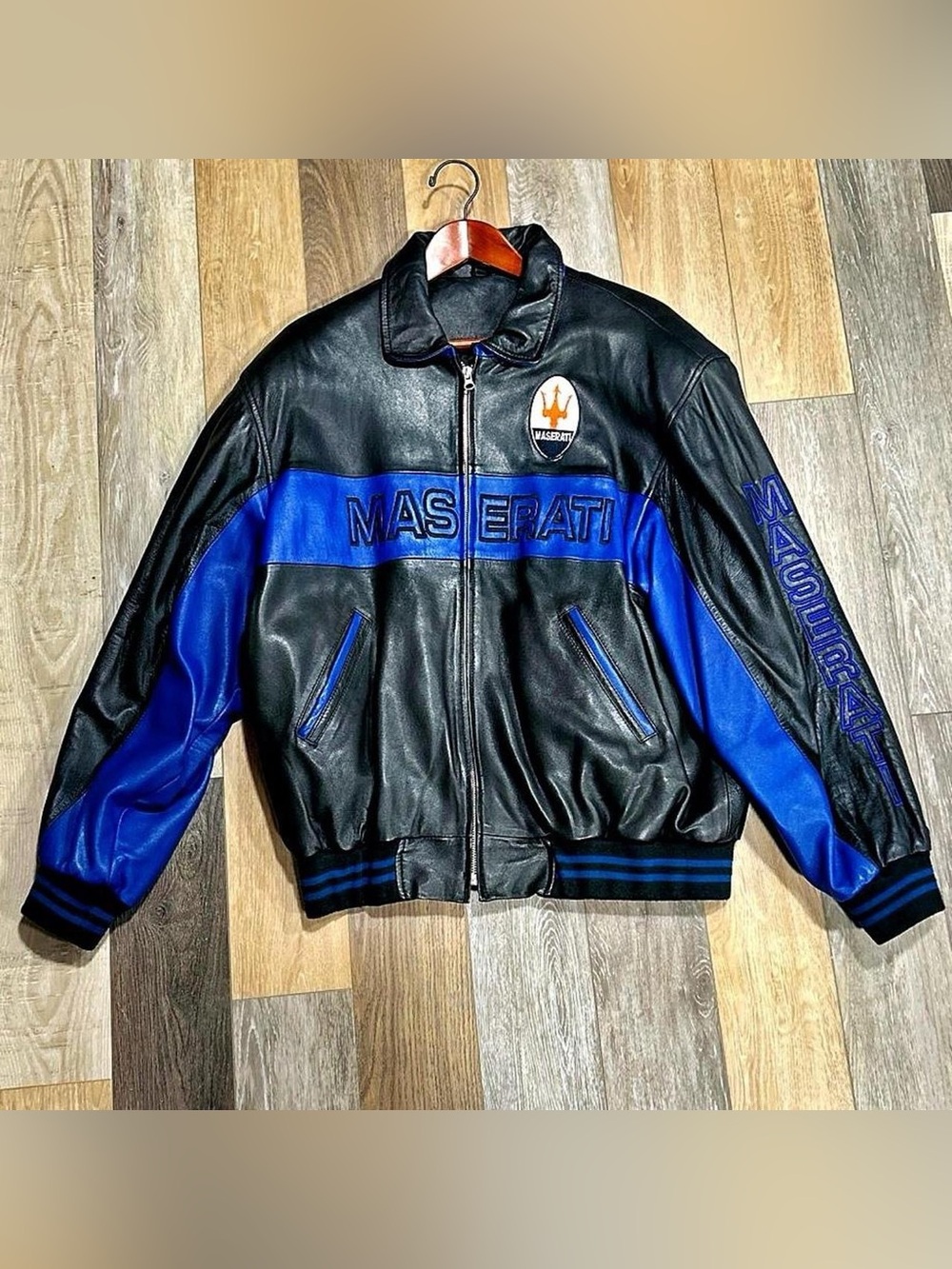 Black & Blue Leather Bomber Jacket